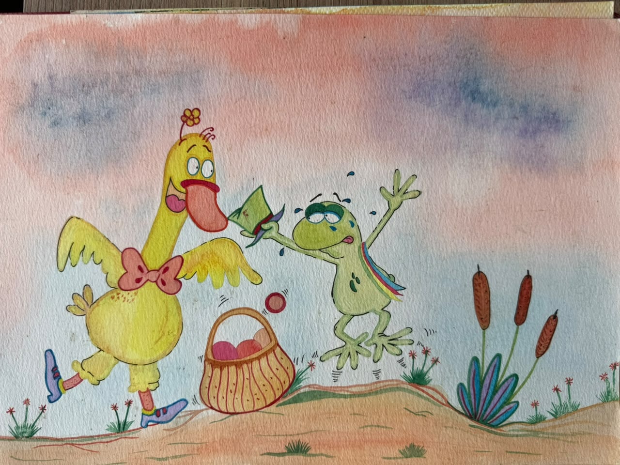 Ilustración de rana y polluelo jugando