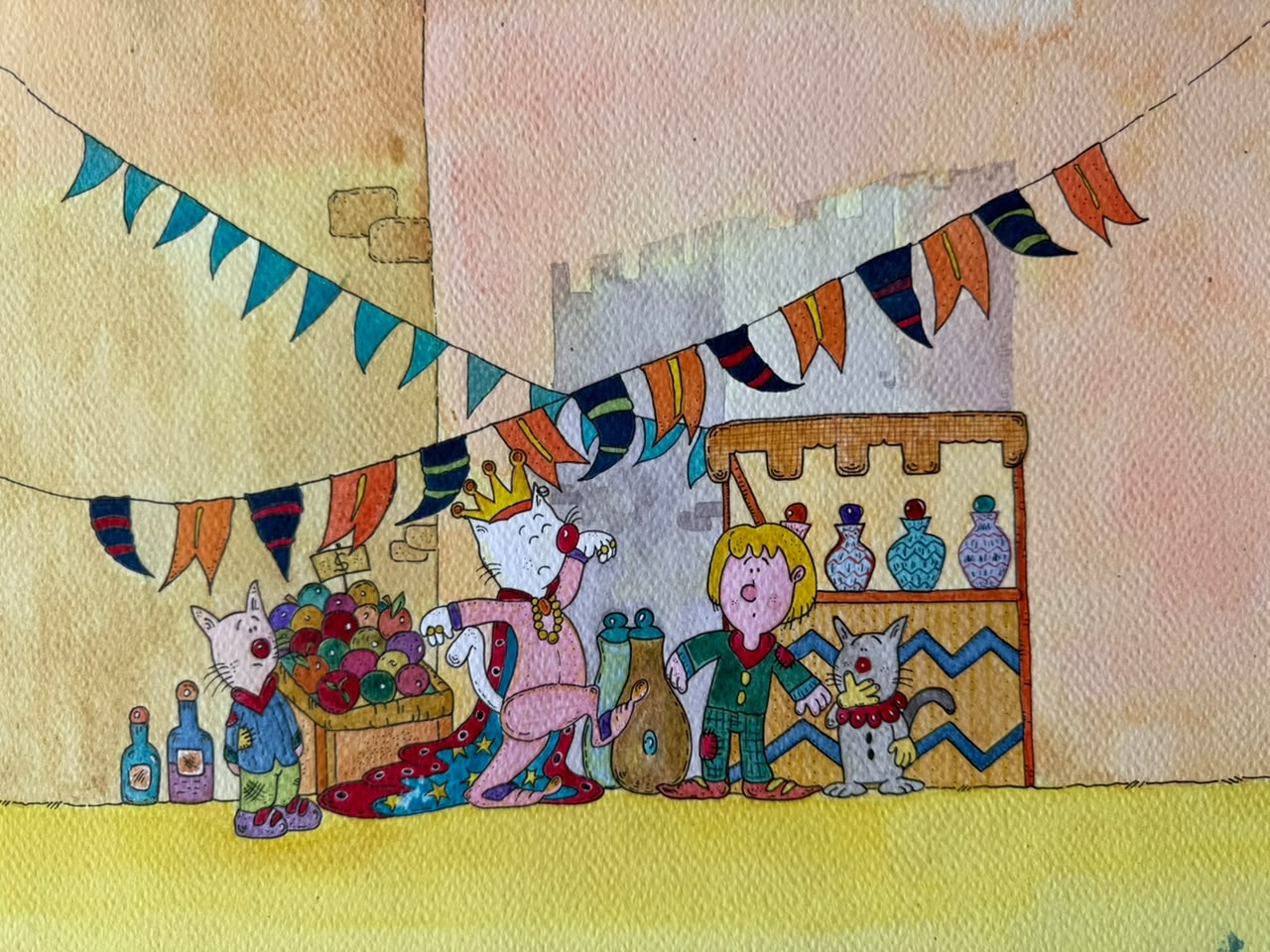 Ilustración de personajes en una tienda colorida
