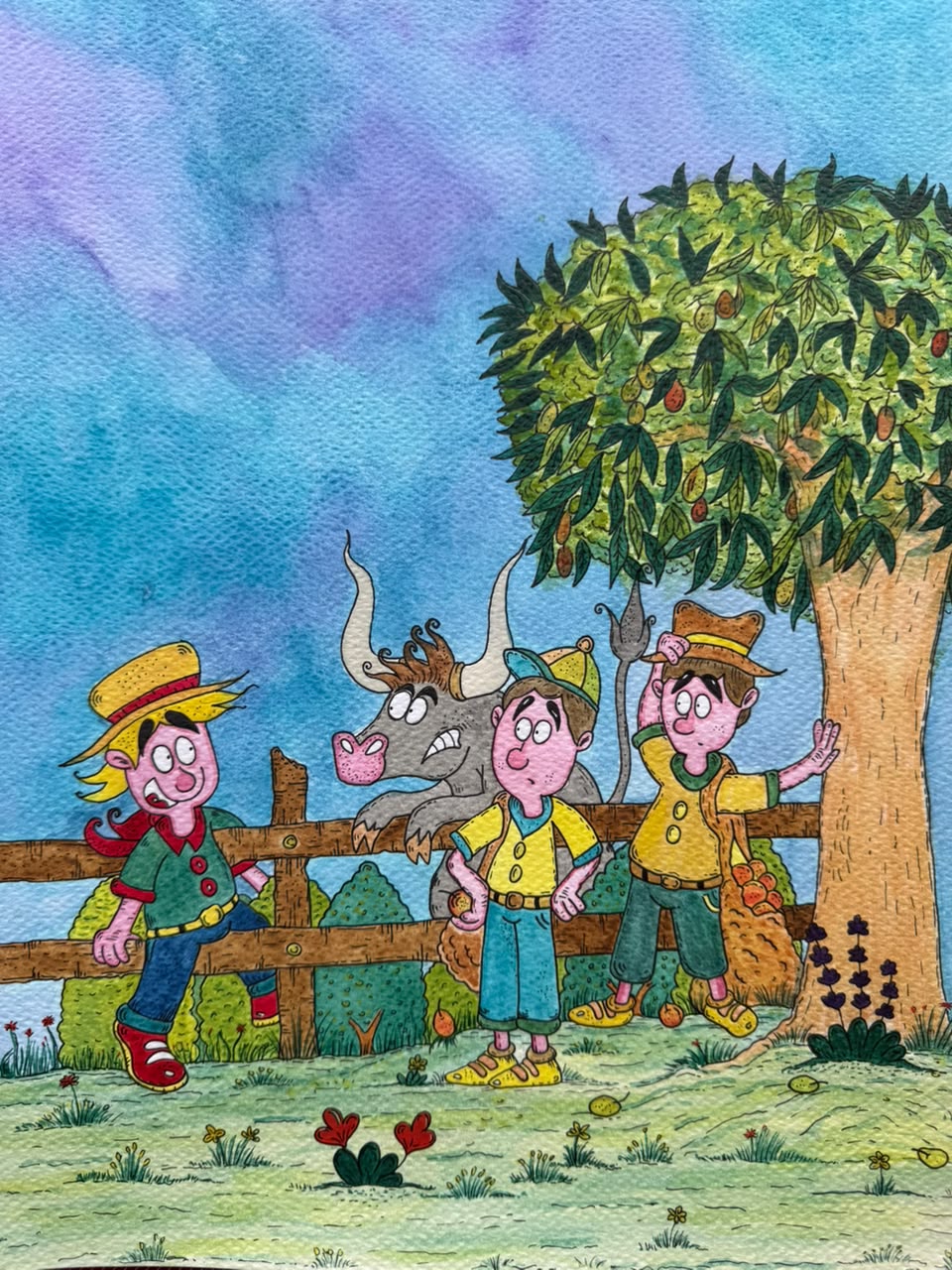 Ilustración de niños, toro y árbol frutal