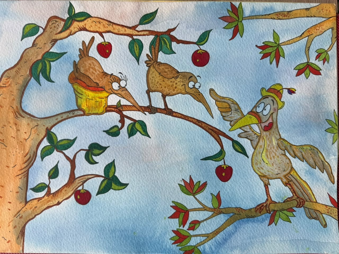 Ilustración de aves sobre ramas