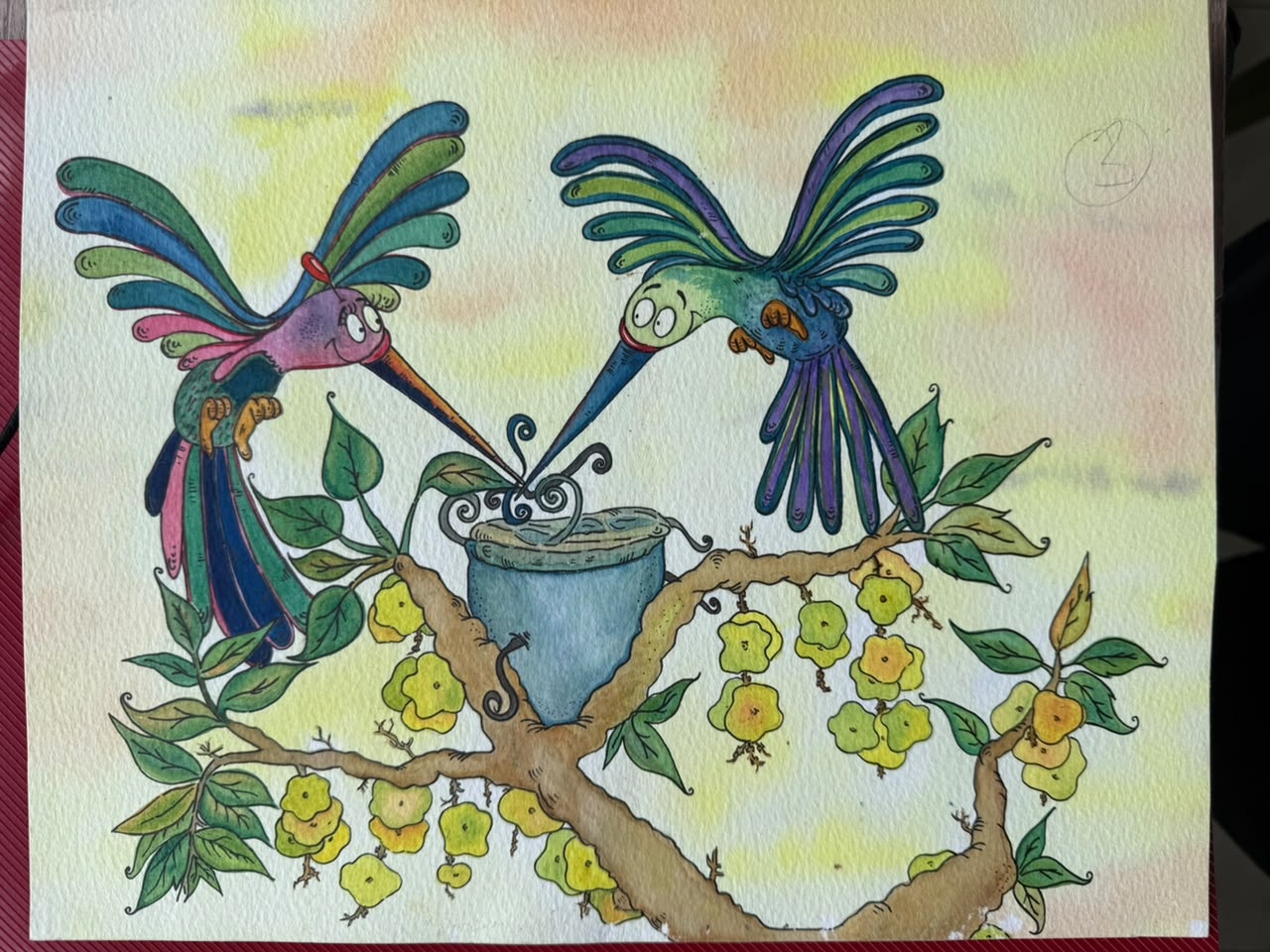 Ilustración de colibríes en un árbol